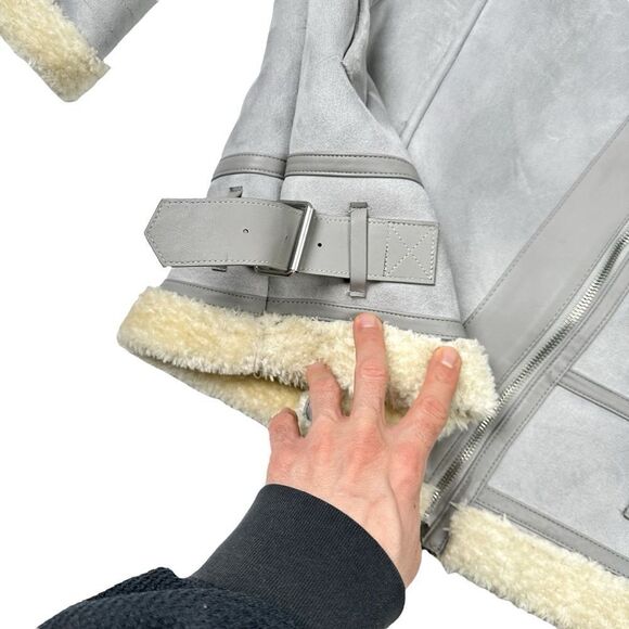 ZARA Outerwear Suede Effect Aviator Biker Sherpa Fur Lining Jacket Womens Small - Picture 4 of 7